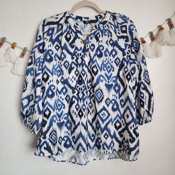 Zara Paisley Printed Blue Balloon Sleeve Button Down Top Boho Peasant Minimalist - Picture 1 of 11